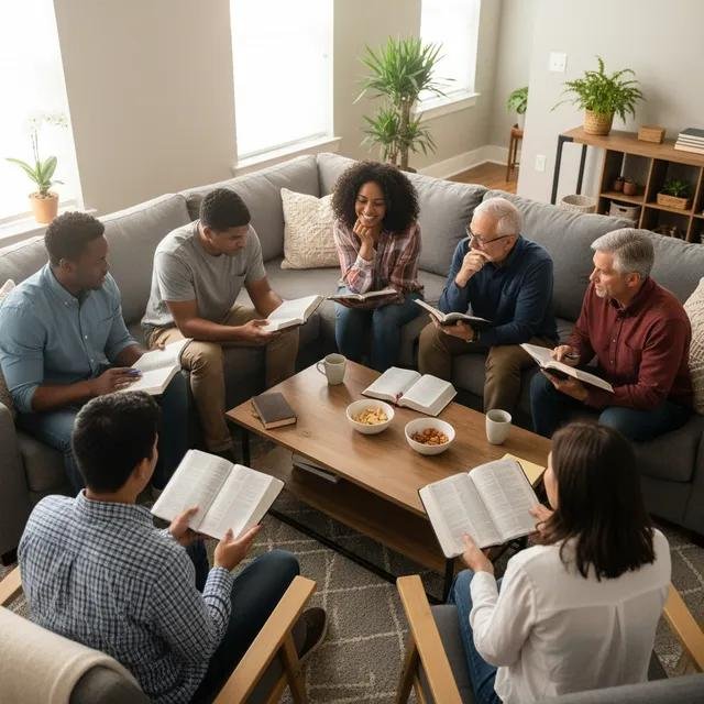 A small group studying the Bible together in a home