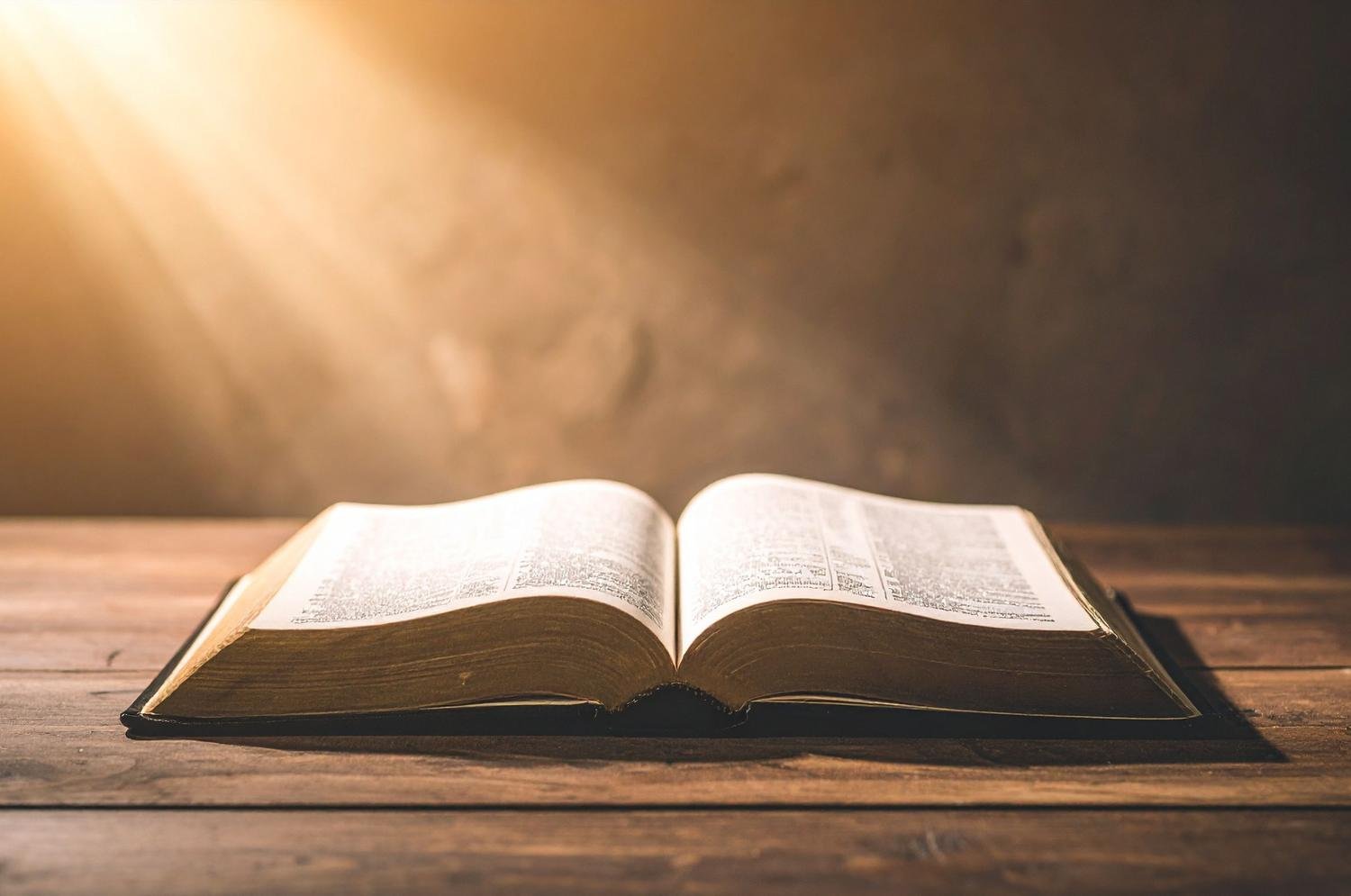 An open Bible illuminated by warm light